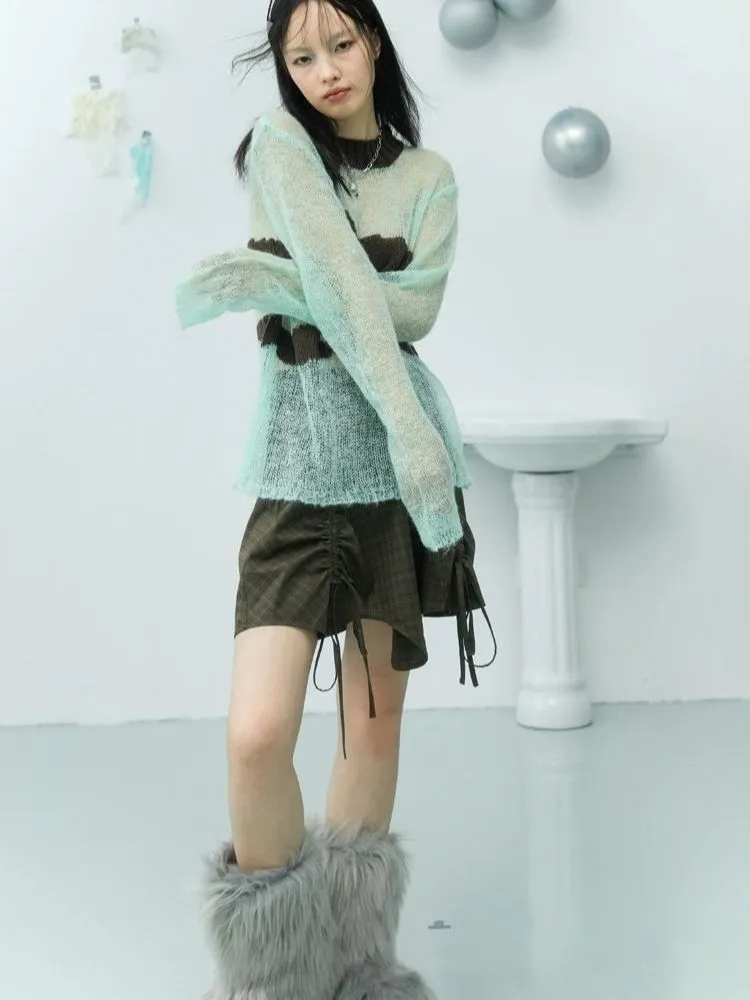 Embellished Drawstring Checkered Half Skirt【s0000006240】