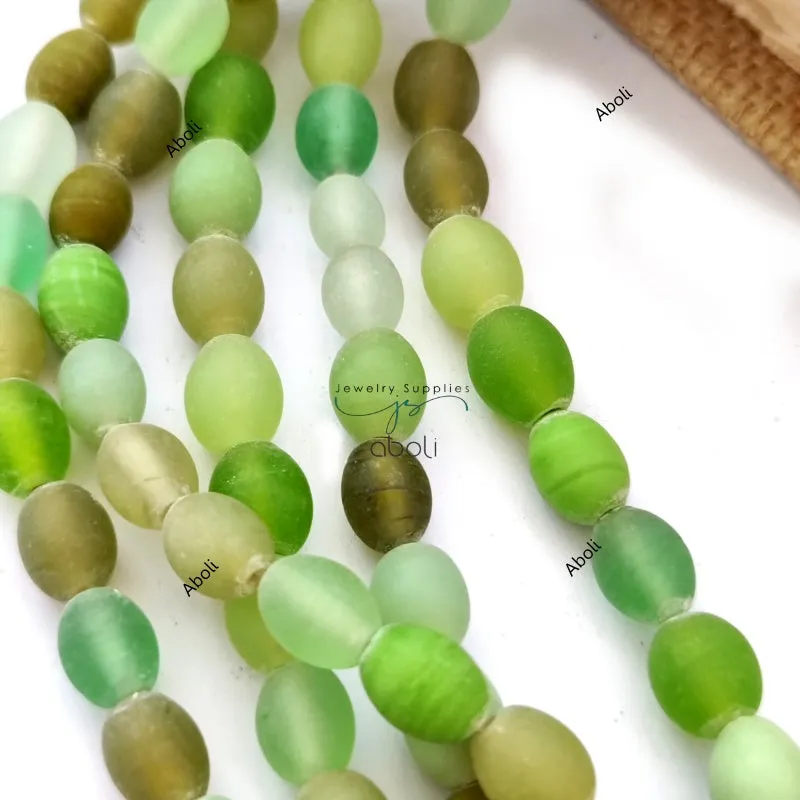 Oval glass beads 10 mm matt finish plain glass beads Green glass beads OMGB5